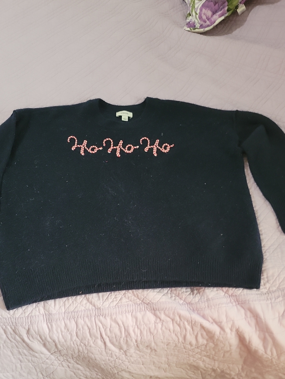 CeCe Blue Crewneck Sweater with Candy Cane 'Ho Ho Ho' Embroidery
